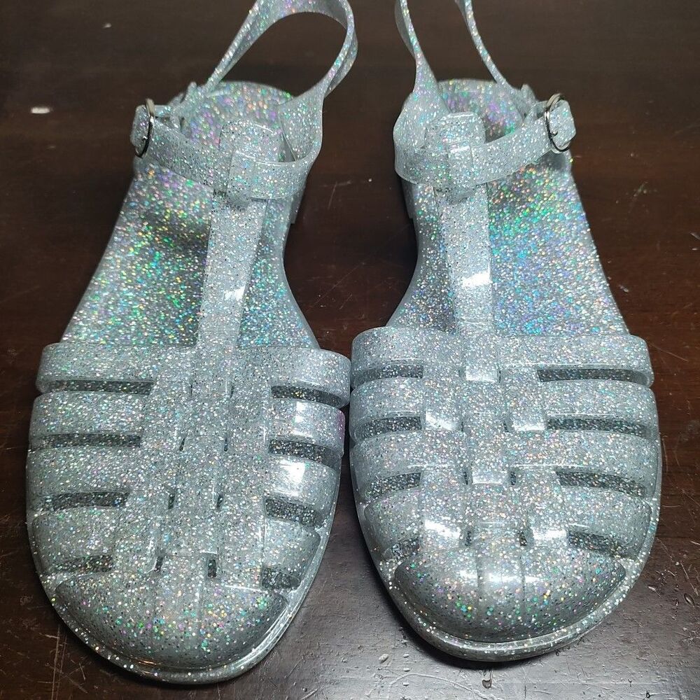 Old Navy Silver Glitter Shiny Jelly Fisherman Sandals Lady Size 5 (24)